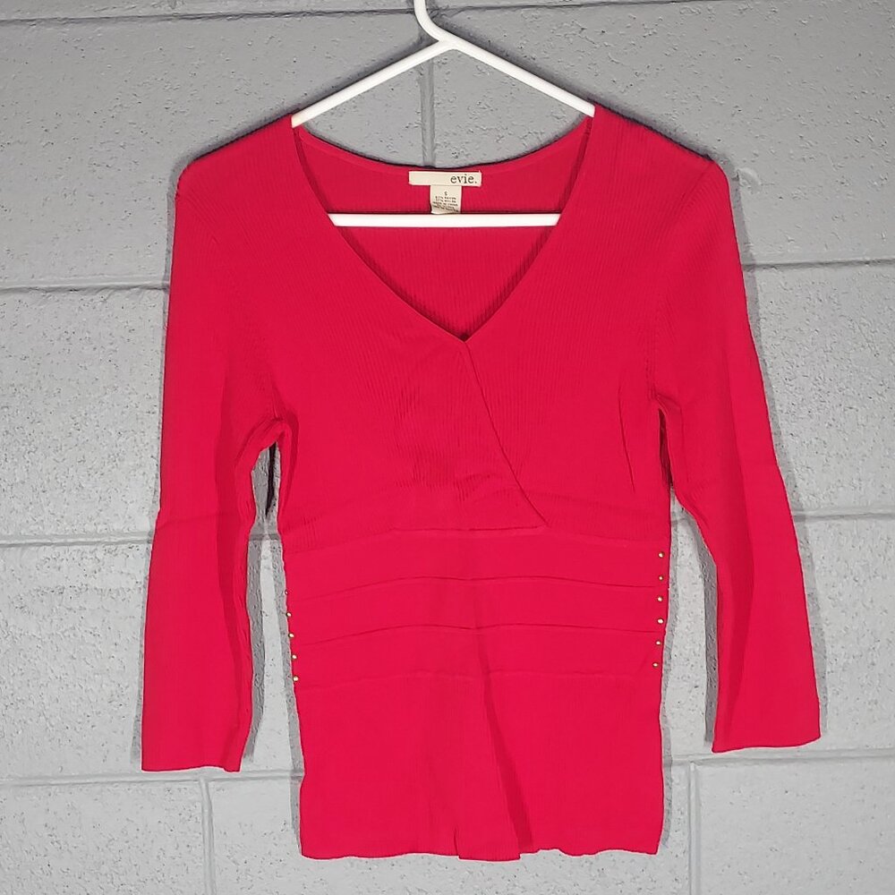 Evie Ribbed Stretchy Lightweight Bright Red Sweater w/Gold Studs - Small